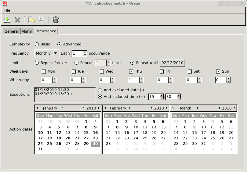 The appointment recurrence tab.
