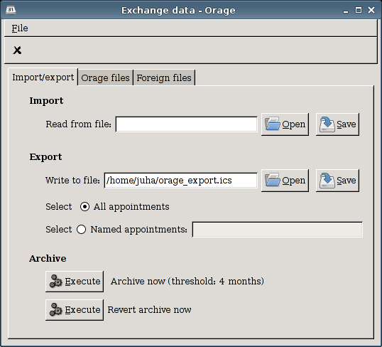 The exchange data import export tab.